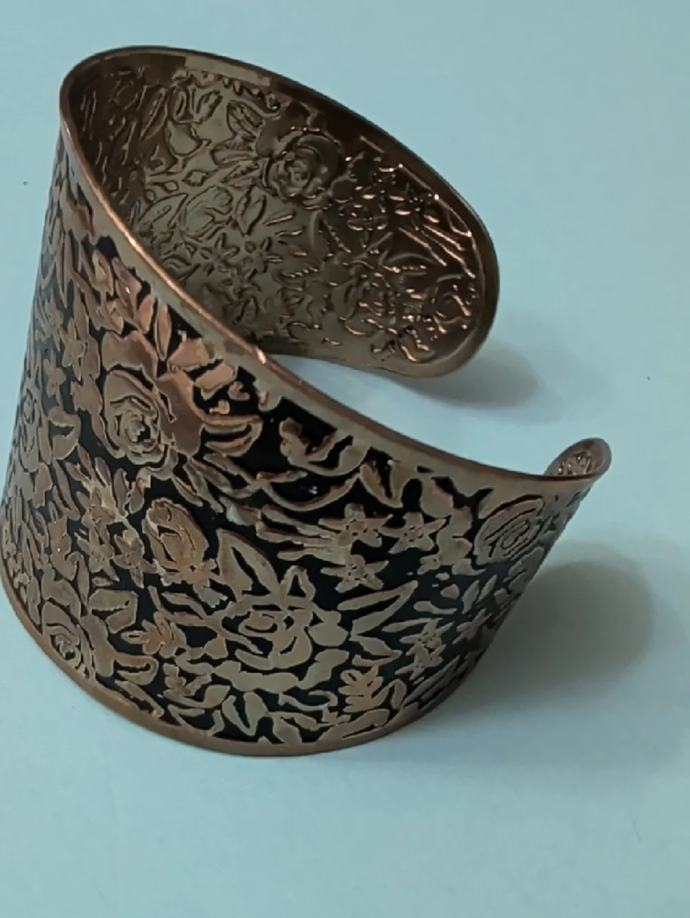 Handcrafted Floral Embossed Wide Cuff Bracelet - Bronze Tone - Picture 8 of 11